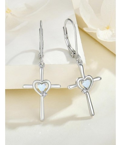 Cross Earrings Sterling Silver Opal Crucifix Dangle Drop Earrings Heart Birthstone Religious Jewelry for Women White Opal $26...