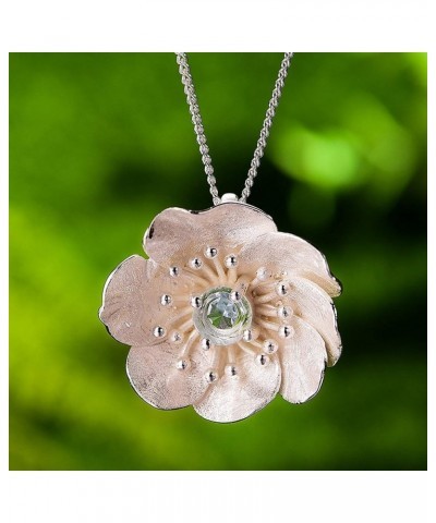 S925 Sterling Silver Natural Gemtone Pendant Necklace Blooming Anemone Flower Pendant with Necklaces Chain length 17inches, H...