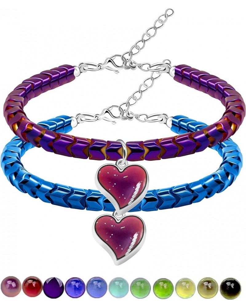 A Pair of Gear-shape Hematite Bracelets with Color Changing Thermo Sensitive Mood Heart Charms, Couples Love Heart Bangles Gi...