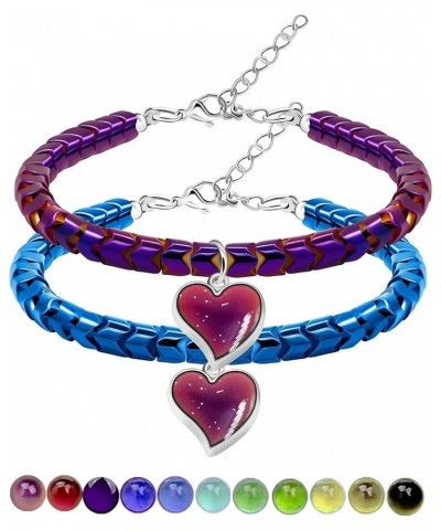 A Pair of Gear-shape Hematite Bracelets with Color Changing Thermo Sensitive Mood Heart Charms, Couples Love Heart Bangles Gi...