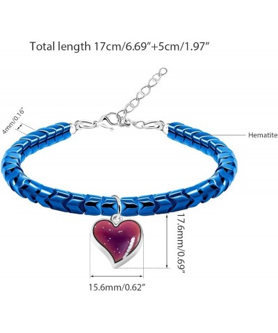 A Pair of Gear-shape Hematite Bracelets with Color Changing Thermo Sensitive Mood Heart Charms, Couples Love Heart Bangles Gi...