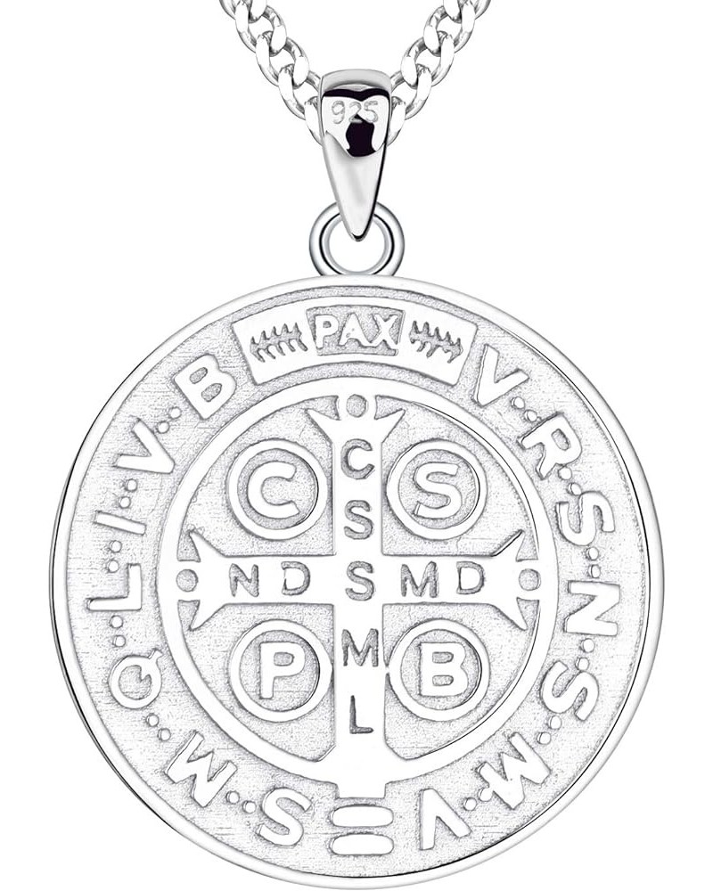 Saint Benedict Necklace 925 Sterling Silver, NR Cross Protection Pendant,Round Coin Antiqued Religious Protector Talisman Pen...