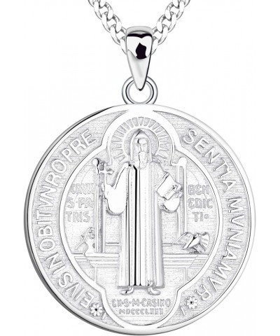 Saint Benedict Necklace 925 Sterling Silver, NR Cross Protection Pendant,Round Coin Antiqued Religious Protector Talisman Pen...