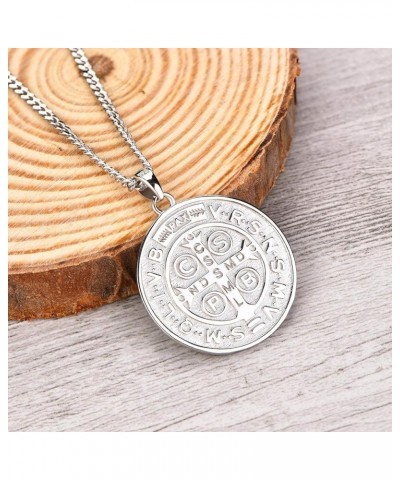 Saint Benedict Necklace 925 Sterling Silver, NR Cross Protection Pendant,Round Coin Antiqued Religious Protector Talisman Pen...