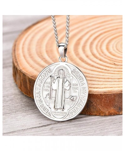 Saint Benedict Necklace 925 Sterling Silver, NR Cross Protection Pendant,Round Coin Antiqued Religious Protector Talisman Pen...