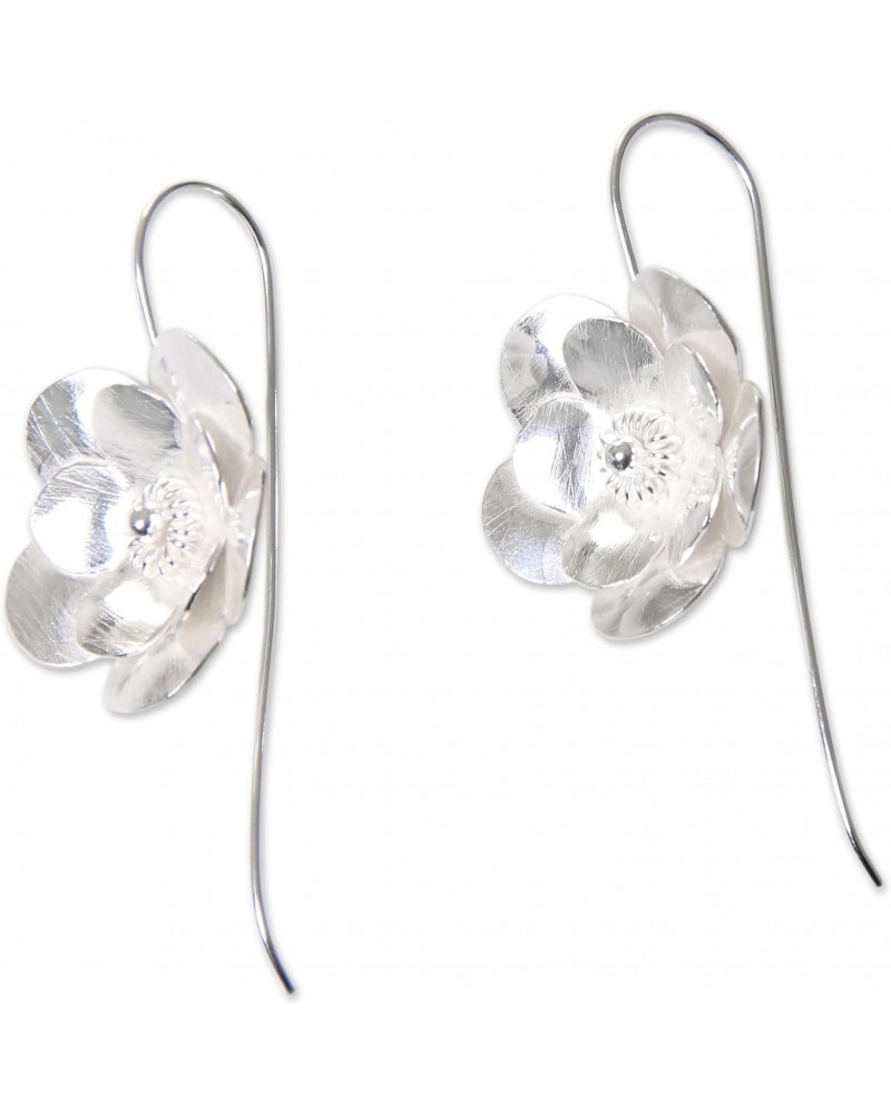 Handmade .925 Sterling Silver Drop Earrings Flower Blossom Brushed Indonesia Floral [1.3 in L x 0.9 in W x 0.2 in D] 'Silver ...