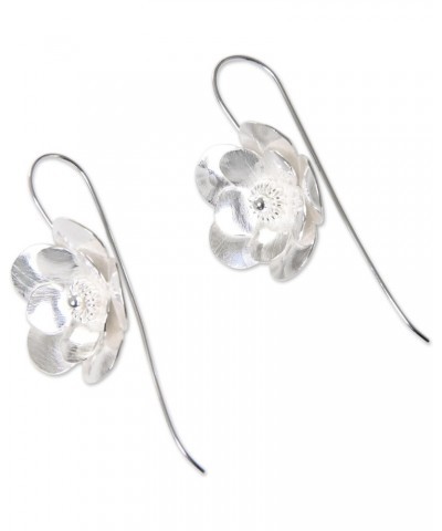 Handmade .925 Sterling Silver Drop Earrings Flower Blossom Brushed Indonesia Floral [1.3 in L x 0.9 in W x 0.2 in D] 'Silver ...