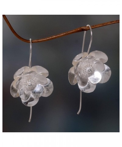 Handmade .925 Sterling Silver Drop Earrings Flower Blossom Brushed Indonesia Floral [1.3 in L x 0.9 in W x 0.2 in D] 'Silver ...