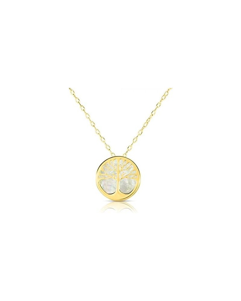 14k Solid Yellow Gold Tree of Life Mother of Pearl Necklace with Spring Ring Closure, Emoji Pendant 11mm, 0.8mm Cable Chain (...