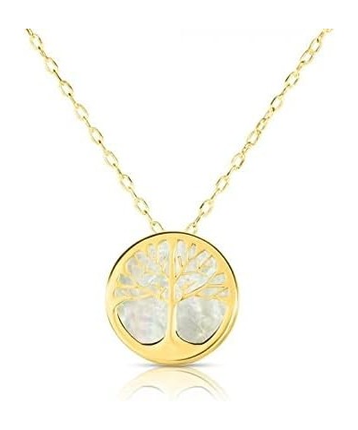 14k Solid Yellow Gold Tree of Life Mother of Pearl Necklace with Spring Ring Closure, Emoji Pendant 11mm, 0.8mm Cable Chain (...