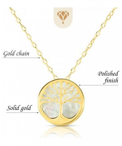 14k Solid Yellow Gold Tree of Life Mother of Pearl Necklace with Spring Ring Closure, Emoji Pendant 11mm, 0.8mm Cable Chain (...