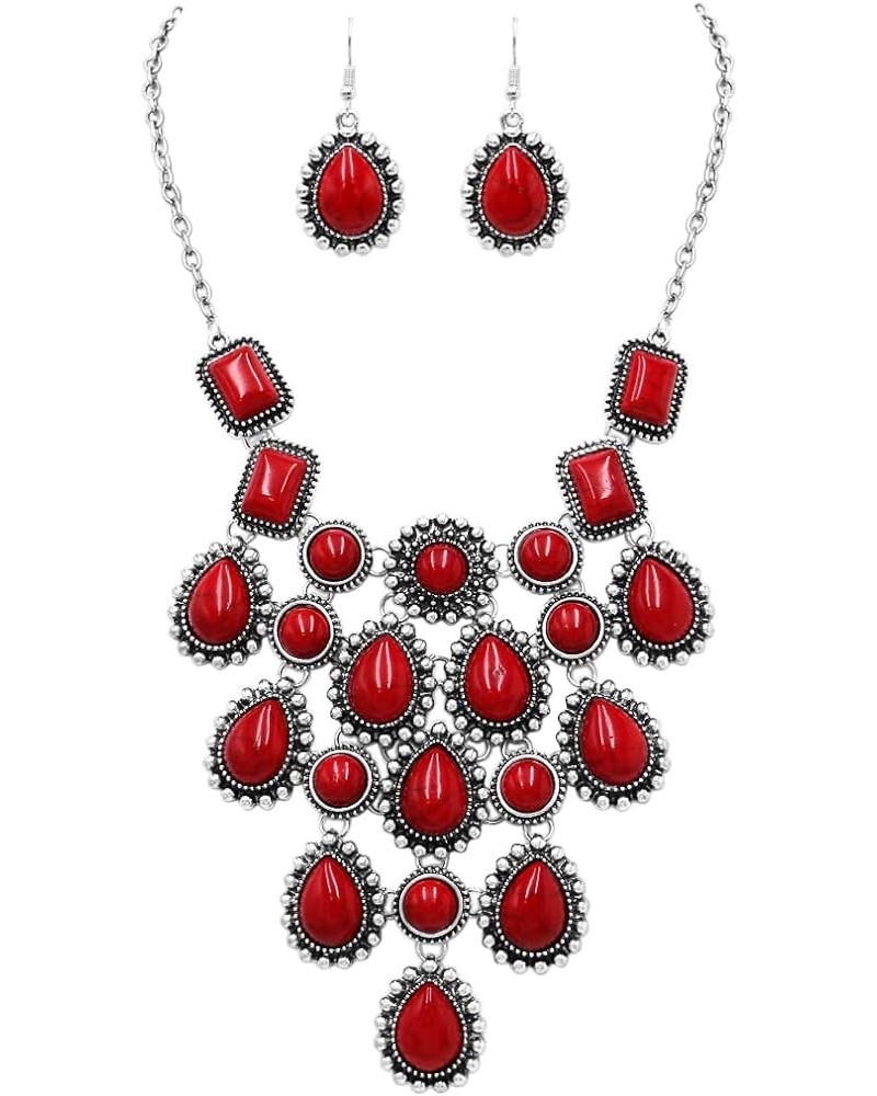 Women's Boho Natural Howlite Stone Dangle Statement Bib Necklace Drop Earrings Jewelry Set, 18"-21" with 3" Extender Red $15....