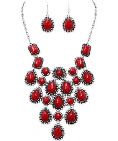 Women's Boho Natural Howlite Stone Dangle Statement Bib Necklace Drop Earrings Jewelry Set, 18"-21" with 3" Extender Red $15....