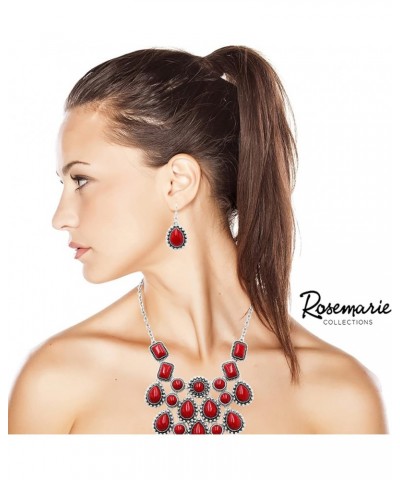 Women's Boho Natural Howlite Stone Dangle Statement Bib Necklace Drop Earrings Jewelry Set, 18"-21" with 3" Extender Red $15....