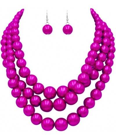 Women's 3 Colorful Multi Strands Simulated Pearl Necklace And Earrings Jewelry Gift Set, 18"+3" Extender Metallic Fuchsia Sil...