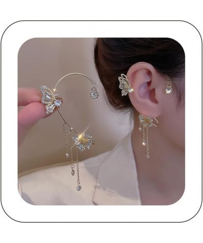 2PCS Butterfly Flowers Ear Cuffs Earrings Non-Pierced Sparkle Crystal Butterfly Tassel Chain Fake Earrings Cartilage Climber ...