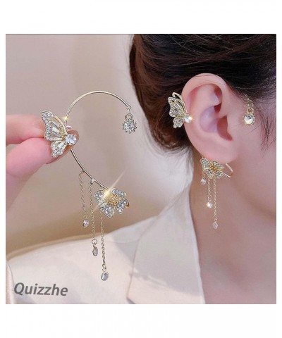 2PCS Butterfly Flowers Ear Cuffs Earrings Non-Pierced Sparkle Crystal Butterfly Tassel Chain Fake Earrings Cartilage Climber ...