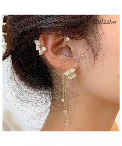 2PCS Butterfly Flowers Ear Cuffs Earrings Non-Pierced Sparkle Crystal Butterfly Tassel Chain Fake Earrings Cartilage Climber ...