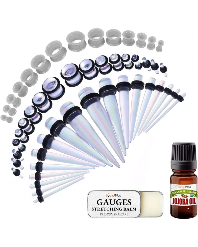 55PC Gauges Kit 14G-12mm - Aftercare Jojoba Oil, Ear Stretching Balm Wax - Transparent Aurora $14.99 Body Jewelry