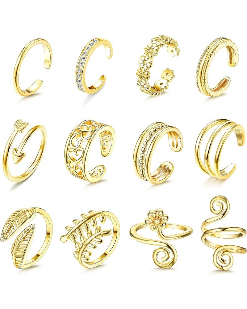 12PCS Adjustable Toe Rings for Women Gold Silver Black Open Toe Rings Set Flower Arrow Leaf heart CZ Tail Pinky Band Rings Su...