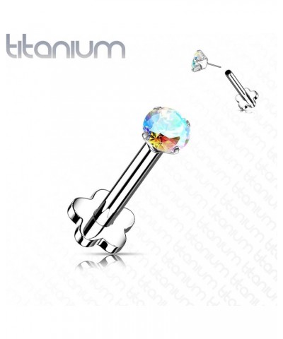 Dynamique Implant Grade Titanium Threadless Push In Flower Base Labret, Flat Back Studs With CZ Prong Set Top For Cartilage, ...