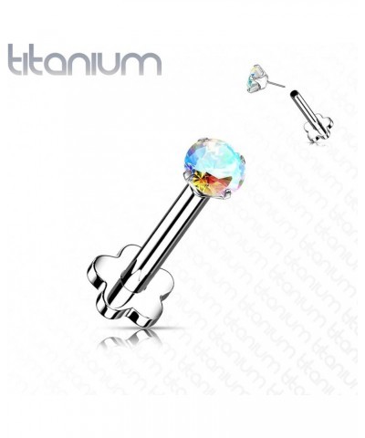 Dynamique Implant Grade Titanium Threadless Push In Flower Base Labret, Flat Back Studs With CZ Prong Set Top For Cartilage, ...