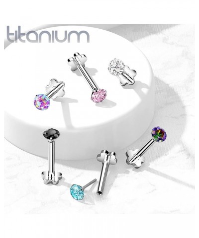 Dynamique Implant Grade Titanium Threadless Push In Flower Base Labret, Flat Back Studs With CZ Prong Set Top For Cartilage, ...