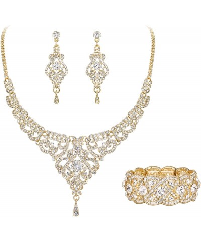 Women's Austrian Crystal Art Deco Bridal Vase Flower Necklace Earrings Set Earrings+Necklace+Bracelet_Clear Gold-Tone $17.97 ...