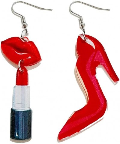 Funny High Heels Red Lip Lipstick Asymmetric Dangle Drop Earrings for Women Girls Dainty Lightweight Acrylic Statement Hook D...