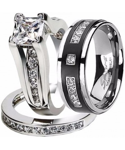 Hers and His Stainless Steel Princess Wedding Ring Set and Titanium Wedding Band Women's Size 06 Men's Size 05 $23.58 Sets