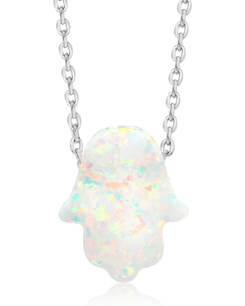 Unisex 925 Sterling Silver 8MM Created Opal Hand Of Hamsa Pendant Necklace For Women with 18 Inch Silver Chain $13.12 Necklaces