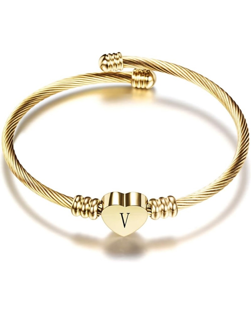 Women Girls Gold Plated Heart Initial A-Z Letter Cuff Bracelets Expandable Stainless Steel Birthday Jewelry V $5.94 Bracelets