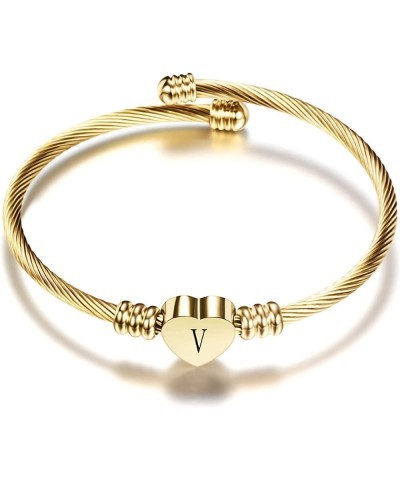 Women Girls Gold Plated Heart Initial A-Z Letter Cuff Bracelets Expandable Stainless Steel Birthday Jewelry V $5.94 Bracelets