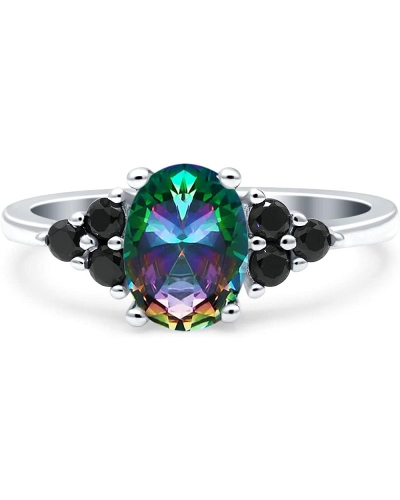 Art Deco Oval Wedding Engagement Bridal Ring Black Round Simulated Cubic Zirconia 925 Sterling Silver Simulated Rainbow CZ $1...