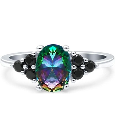 Art Deco Oval Wedding Engagement Bridal Ring Black Round Simulated Cubic Zirconia 925 Sterling Silver Simulated Rainbow CZ $1...