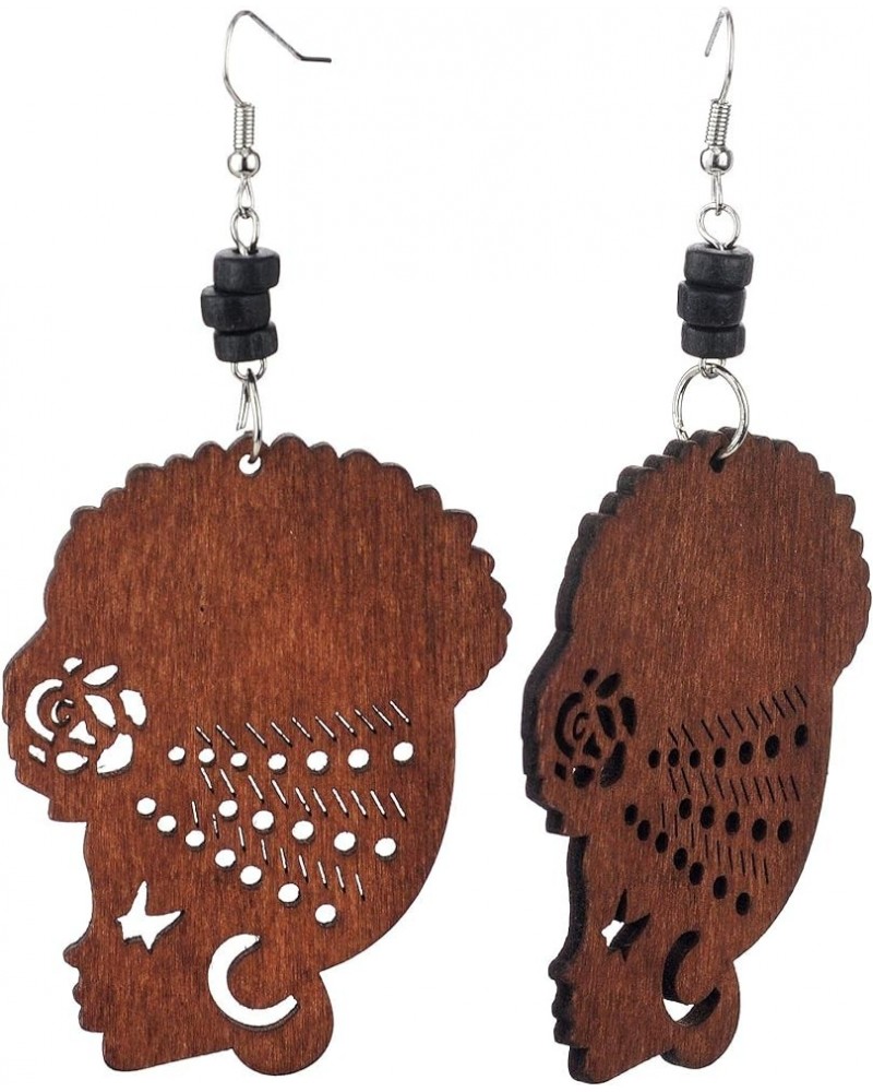 Wooden Flower Turban African Woman Head and Bead Dangle Hook Earrings Brown, Black Bead $6.23 Earrings