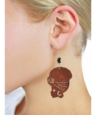 Wooden Flower Turban African Woman Head and Bead Dangle Hook Earrings Brown, Black Bead $6.23 Earrings