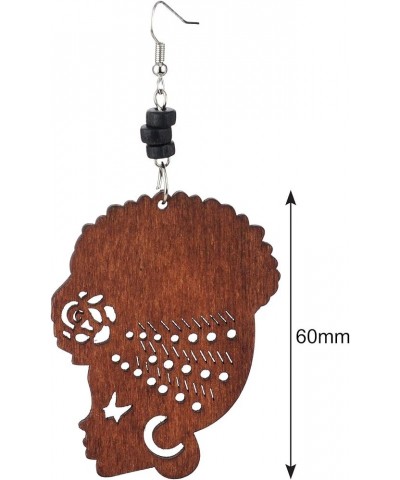 Wooden Flower Turban African Woman Head and Bead Dangle Hook Earrings Brown, Black Bead $6.23 Earrings