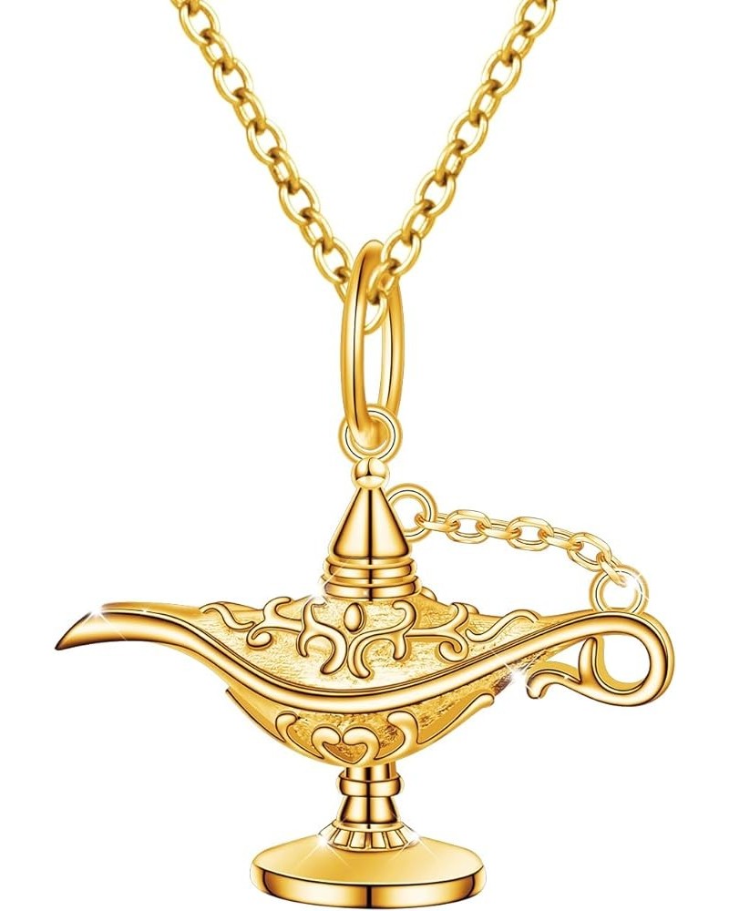 S925 Sterling Silver Aladding Magic Genie Lamp Legend Wishing Carved Lamp Pendant Necklace Jewelry Good Luck Gift for Women G...