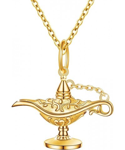 S925 Sterling Silver Aladding Magic Genie Lamp Legend Wishing Carved Lamp Pendant Necklace Jewelry Good Luck Gift for Women G...