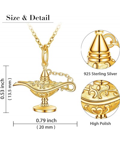 S925 Sterling Silver Aladding Magic Genie Lamp Legend Wishing Carved Lamp Pendant Necklace Jewelry Good Luck Gift for Women G...