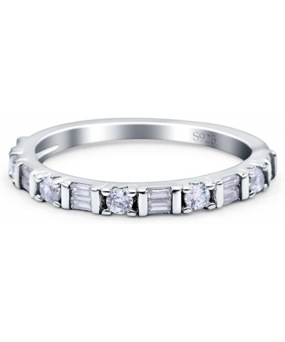 Half Eternity Ring Wedding Engagement Band Baguette Round Pave Simulated Cubic Zirconia 925 Sterling Silver (2mm) Simulated C...