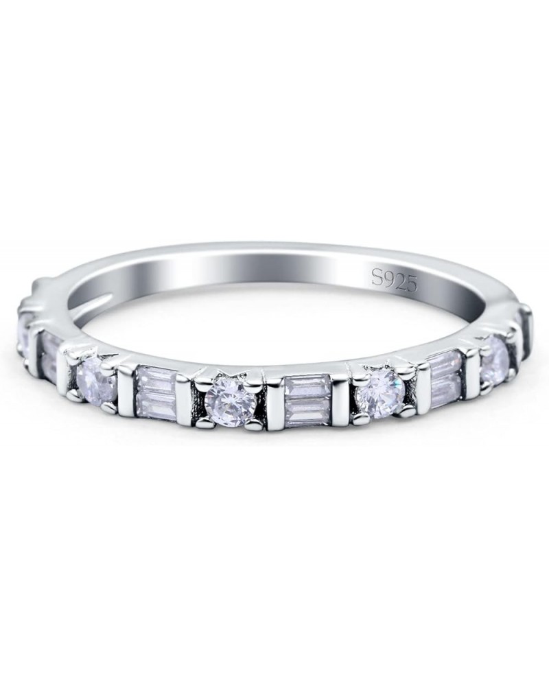 Half Eternity Ring Wedding Engagement Band Baguette Round Pave Simulated Cubic Zirconia 925 Sterling Silver (2mm) Simulated C...