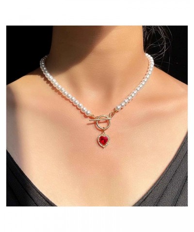 Vintage Pearl Choker Necklace Red Heart Gemstone Pendant Necklace Round Pearl Chain Necklace Ruby Rhinestone Heart Necklace J...