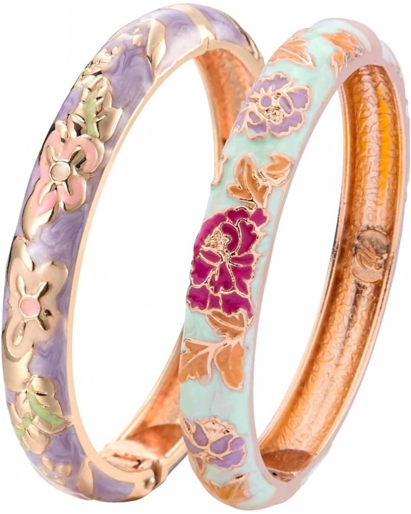 Cloisonne Bracelet Butterfly and Flower Enamel Cuff Bangles Gold Hinged Bracelets Jewelry Set for Women Gift Box 55A102 A102-...