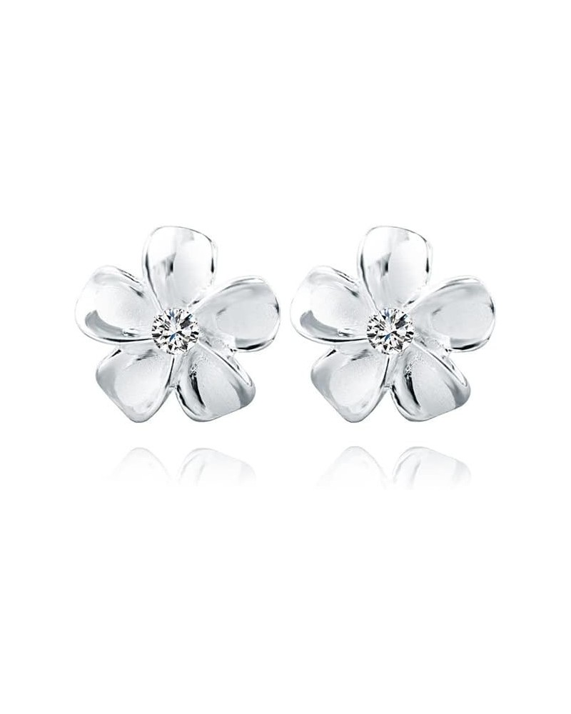 Solid 925 Sterling Silver Plumeria Flower Stud Earrings for Women Girls Crystal Flower Stud Earrings A-Silver $11.79 Earrings