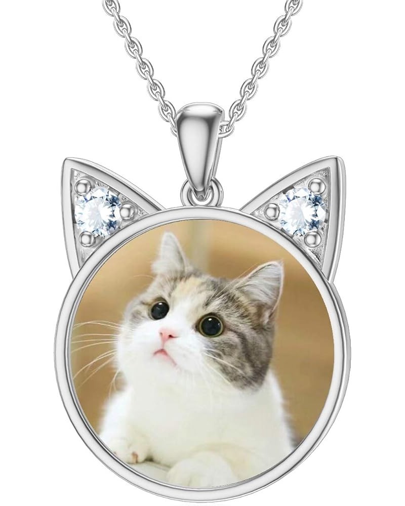 Personalized Cat Necklace for Picture Custom Animal Cat Head Photo Necklace Memorial Gift for Girl Women Silver color Sterlin...