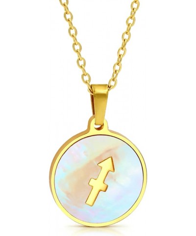 Stainless Steel Gold Plated Mother of Pearl Zodiac Disc Pendant, Astrology, Horoscope, Constellation Necklace, Free Micro Fib...