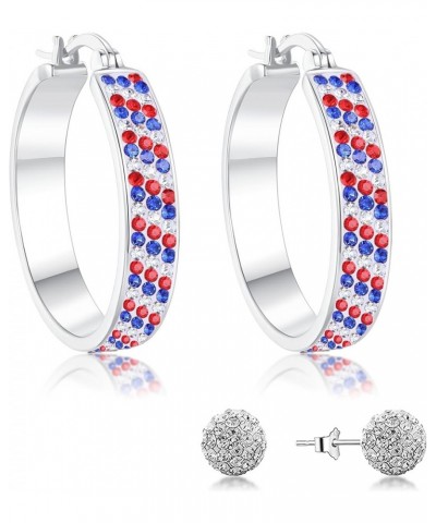 Red White and Blue Earrings, Silver Plated Oval Hoop Earrings, Crystal Hoop Earrings For Women Patriotic Jewelry Red White an...