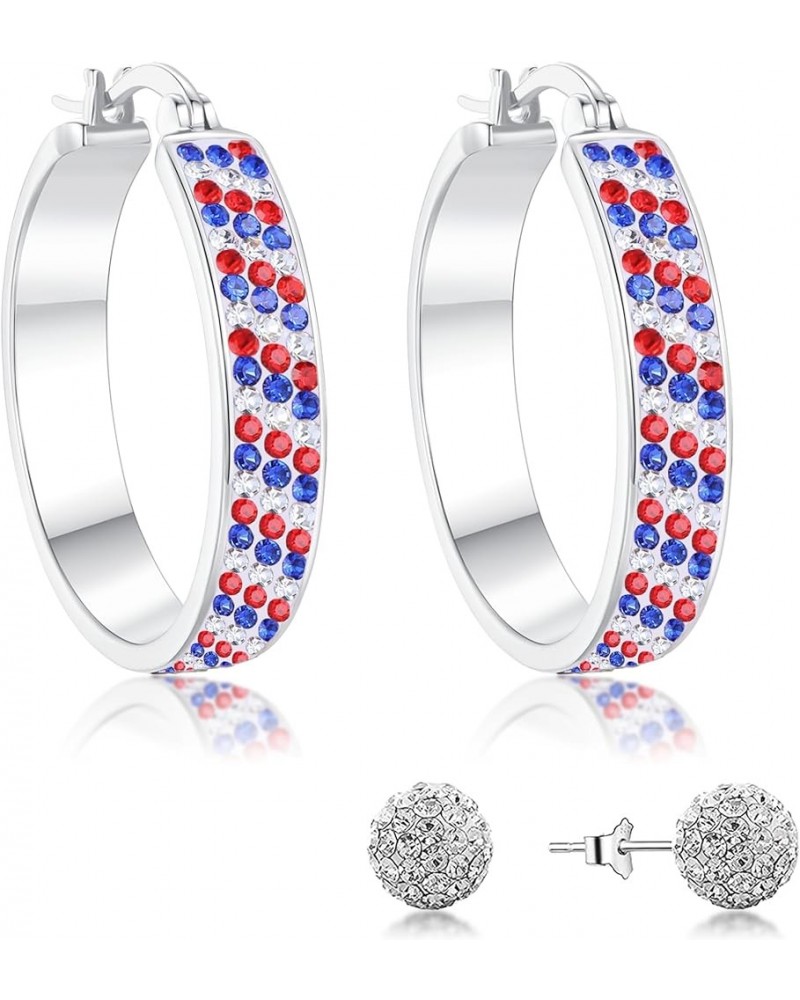 Red White and Blue Earrings, Silver Plated Oval Hoop Earrings, Crystal Hoop Earrings For Women Patriotic Jewelry Red White an...